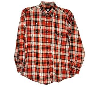 Vintage Santana Orange Brown Plaid Button Down Shirt with Studs Mens Large